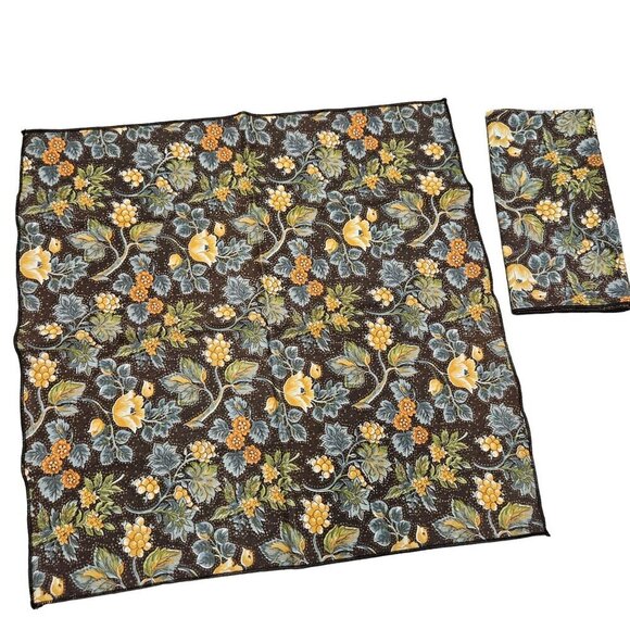Vintage 90s Handmade Handcrafted Floral Patterned Brown Square Napkins Set 2 MCM - Picture 1 of 3